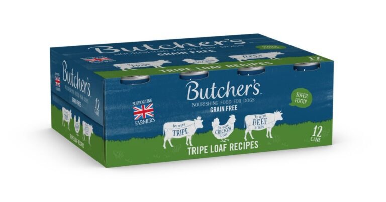 butchers tripe dog food can with bowl and happy dog