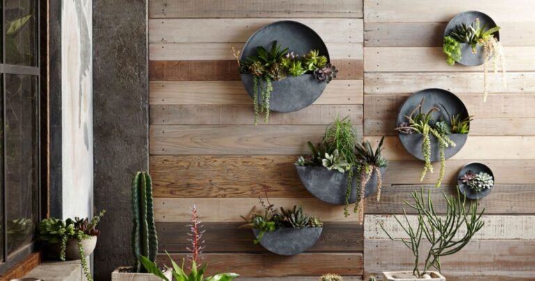 Modern wall plant planters styled in a bright living room with indoor greenery.